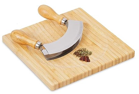 Relaxdays Wiegemesser mit Brett, Bambus & Edelstahl, zweischneidiges Kräutermesser, Kräuterbrett 20x20 cm, natur/silber