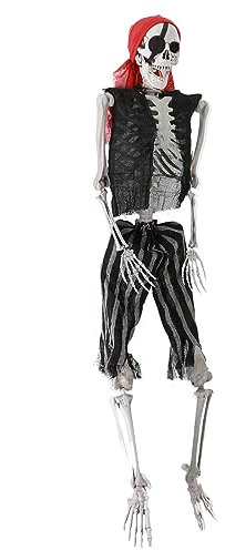 kiskick Halloween-Skelett, 165 cm, lebensgroßes Skelett-Imitat, Ganzkörper-realistische menschliche Knochen mit beweglichen Gelenken, Halloween-Skelett-Requisite im Piraten-Stil für Halloween-Hof-