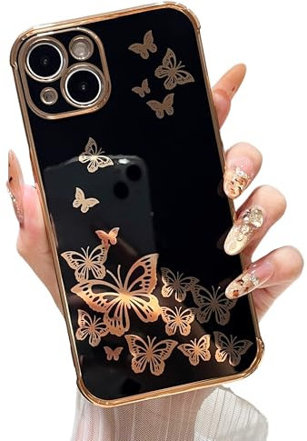 ZTOFERA Case for iPhone 15, Plating Butterfly Pattern Case with Electroplate Golden Edging, Flexible TPU Protective Shockproof Bumper Cover for iPhone 15 6.1 - Black