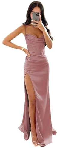 Robe de demoiselle d'honneur en satin à bretelles spaghetti pour mariage 2025 robe de bal froncée avec fente LN066, Dusty Rose., 38