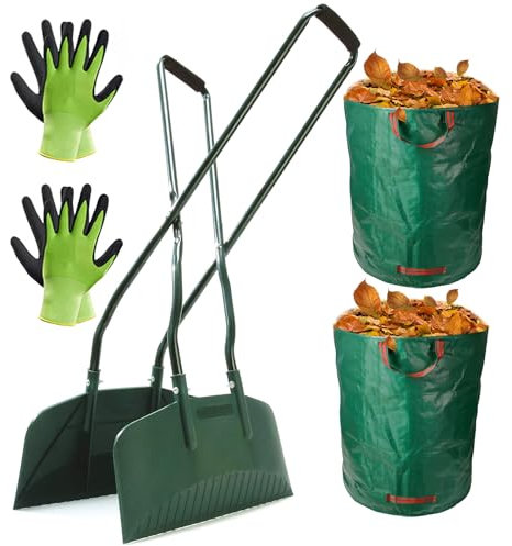 HYQNG Agarrador de Hojas, recogedor de Hojas de jardín con Mango Largo de Metal, 2 Bolsas de Basura de jardín de 270 L y 2 Pares de Guantes de jardinería, Pala de Mano para Hojas Avellana,rastrillos