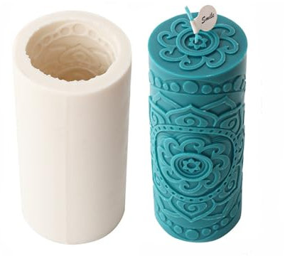 Xidmold Vintage Floral Pattern Pillar Candle Mould, Column Silicone Mold for Soy Wax Candle, Aromatherapy Candle, Gypsum, Plaster, Home Decor (A, Large)