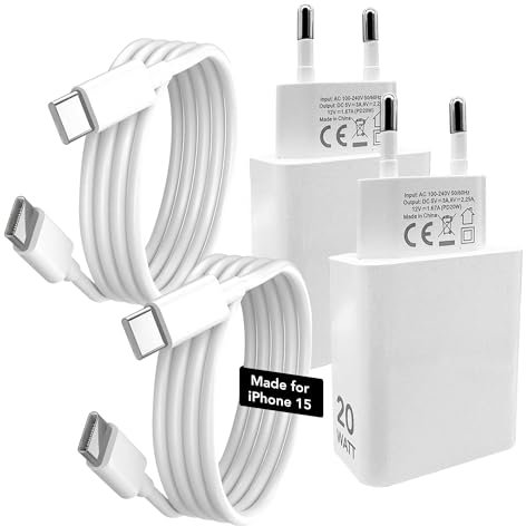 4pz. Caricatore per iPhone 15 Pro Max Plus con Cavo Type C PHONIX Italia- 2 Alimentatori Carica Batteria per iPhone 15 Rapido 20W e 2 Cavi Ricarica USB-C