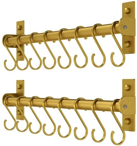 Dseap Kitchen Utensil Holder Hanger, Pot and Pan Rack Wall Mounted, Kitchen Rail with 8 Hooks for Hanging Cooking Utensils, Mugs, Spoons, Wall Mounted, Gold, Pack of 2