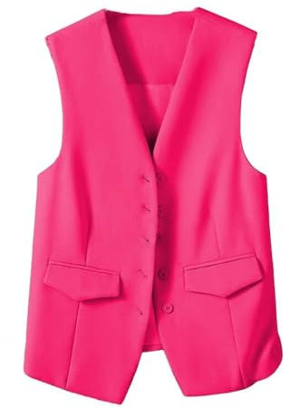 CuLtP Gilet sans Manches pour Femme, Col en V, Gilet Habillé, Court, Décontracté, Costume Formel, Haut Court D'Été, Élégant, Boutonné, pour Le Travail, Le Bureau, Rose Rouge, M