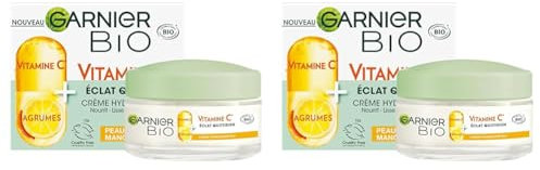 Garnier - Crème Hydratante Bio - Hydratation et Éclat Au Quotidien - Enrichi en Vitamine C et Agrumes - Pour les Peaux Sèches et Ternes - 50 ml (Lot de 2)