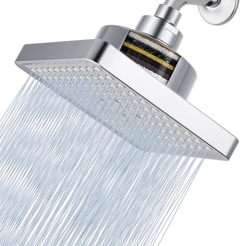 Nuodan High Pressure Rain Shower Head with Filtered - 6 Square Showerhead Filter for Remove Chlorine and Harmful Substances, Improve Hair and Skin Problems, Chrome