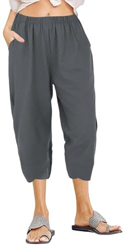Pantaloni Capri da donna elasticizzati a tre quarti pantaloni da donna in cotone e lino, per il tempo libero, tinta unita, alla moda, 7/8, elasticizzati, a vita alta, taglie forti, leggeri da