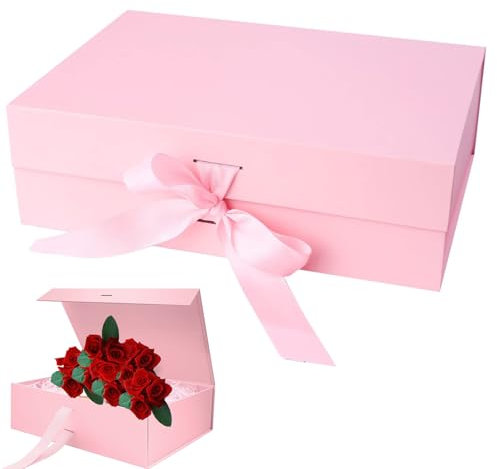 Geschenkbox mit Schleife, Magnetische Geschenkbox, 21x17x7cm Geschenk Verpackungsbox für Geschenke Hochzeit Weihnachten Jubiläum, Rosa