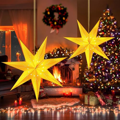 Papierstern zum Aufhängen, 3D Weihnachtsstern Beleuchtet LED Papierstern Beleuchtet, Papierstern mit Beleuchtung, Faltstern Weihnachten Papierstern Lampenschirm Papier Weihnachtsstern Fensterdeko