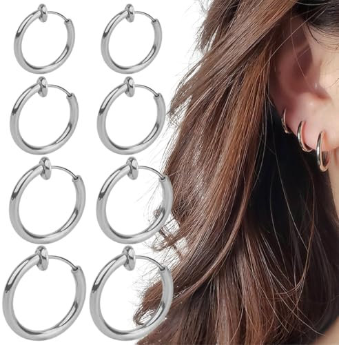 4 Paar Edelstahl-Clip-Ohrringe, nicht durchbohrte Creolen, Nasolabialohrringe, Herren-Ohrclips, nicht durchbohrte Creolen, kleine gefälschte Ohrringe, nicht durchbohrtes Silber, Edelstahl