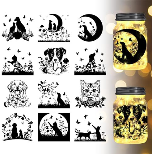 GLOBLELAND 12Pcs Cats Dogs Silhouette Jar Cutouts Flowers Butterfly Moon Bird Plastic Silhouette Wall Decals (Not Stickers) Lantern Jar Cutouts Window Lamp Decals Glass Decorations Art Mural Home