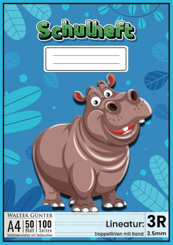 Schulheft Lineatur 3R: 50 Blatt (100 Seiten), DIN A4, 3.5mm Doppellinien mit Weißer Rand, mit Seitenzahlen und Inhaltsverzeichnis