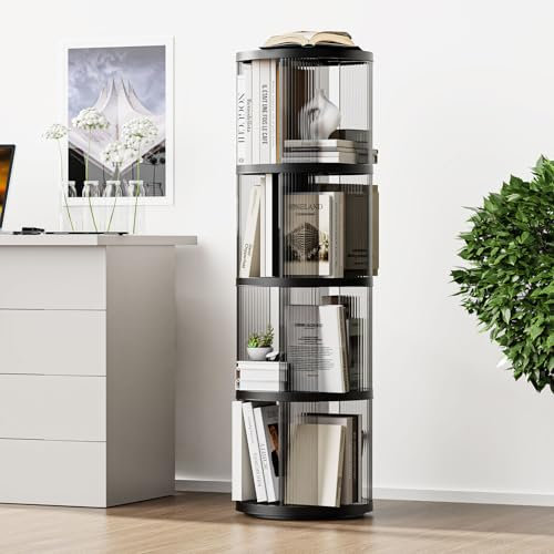 ELPHECO Drehbares Bücherregal, 4 Etagen, Kunststoff, Schwarz, Classic, Eck-Bücherregal für kleinen Raum, 360-Grad-Display, Organizer für Wohnzimmer, Schlafzimmer, Arbeitszimmer