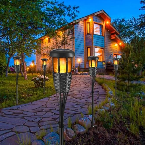 Hwishare Solarfackel mit flackernder Flamme, wasserdichte Bambusfackeln mit handgeflochtener Rattanoptik für Außenbereich, Terrasse, Garten, Rasen (2 Stück)