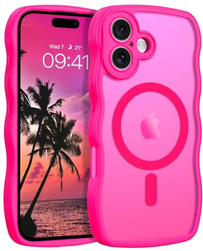 DOMAVER Case for iPhone 16, [Compatible with mag-safe] with Cute Curly Wave 6.1 inch, Hard Protection Translucent Matte Shockproof Slim Fit Protective Women Men Cover for iPhone 16, Hot Pink
