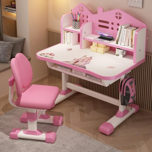 Kinderschreibtisch und Stuhlset, höhenverstellbarer Studie Kinderschreibtisch, verbreiterter Tischplatte, goldenes Distanzdesign zur Vorbeugung von Kurzsichtigkeit, für Jungs & Mädchen (Rosa-E)