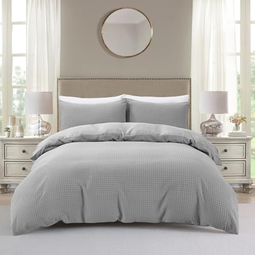 BOURINA Waffle Bedding Set Double, Soft Breathable Microfibre Quilt Cover with Pillowcases, Modern Light Grey Bedding
