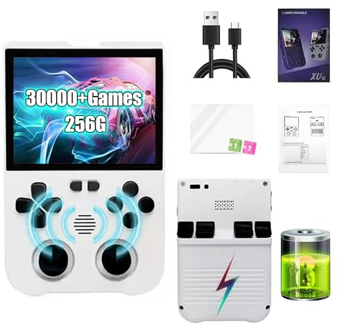 XU10 Retro Handheld Game Console,Built-in 20000+ Games,Supports 38 Emulators & 7 Languages,3.5 Inch IPS Screen,Portable Nostalgic Game Console,Linux System,Updated RK3326S Chip,3000mAh (White-256G)