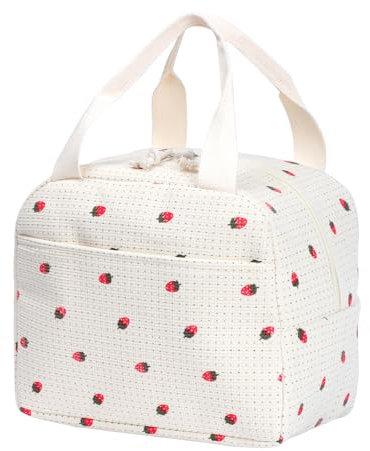 Insulated Lunch Bag for Women Kids Reusable Leakproof Children's Cooler Bag Lunch Box Bags for Girls Work School BBQ Picnic (White-Strawberry)