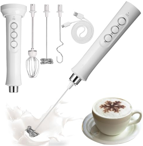 FAOKZE Elektrischer Milchaufschäumer mit Drei Quirl, USB Wiederaufladbar Milchschäumer Schneebesen, Handheld Milk Frother Edelstahl Aufschäumer für Kaffee/Latte/Cappuccino (Weiß)