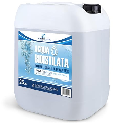 CHEMICA SOLUTIONS Eau bidistillée pure pour usage industriel et clinique bidon de 25 litres, distillée deux fois, déminéralisée, fabriquée en Italie