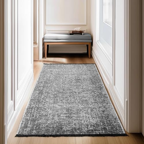 SIMPEX, Chenille Teppich Baumwolle Läufer Grau 80x150 cm Waschbar, Boho-Stil, Kurzflor, Vintage Kelim, Weich & rutschfest, Einfarbig, Für Küche, Flur & Schlafzimmer