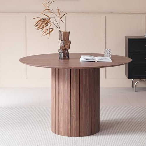 BenyLed Table de Salle à Manger Ronde de 120 cm pour 4-6 Personnes, Table de Cuisine Fermière avec Base Cylindrique, Plateau en MDF et Socle à Lattes en Bois (Grain de Bois Foncé)