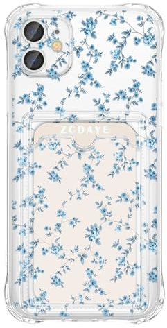 ZCDAYE Floral Clear Case for iPhone XR with Card Holder, Elegant Cute Flower Pattern Phone Case for Woman Girls, Soft TPU Shockproof Protective ShellShellPhone Cover for iPhone XR, Elegant Blue
