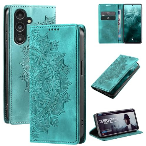LBH Handyhülle für Samsung Galaxy S25 Mandala Klapphülle RFID Schutz Kartenfächer Geldfach Design Cover Case Flipcase Türkis