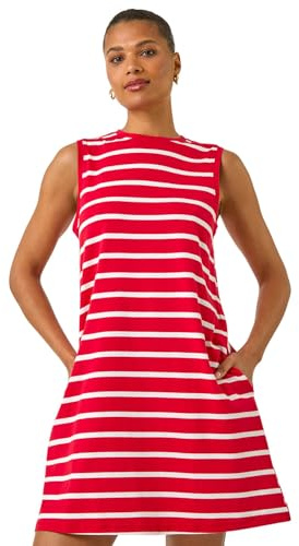 Roman Originals Stripe Jersey A-Line Stretch Dress for Women UK - Ladies Everyday Holiday Spring Summer Round Neckline Comfy Soft Evening Vacation Work Party - Red - Size 18