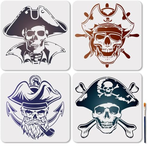 MAYJOYDIY 4 Stück Totenkopf Kapitän Schablone Wiederverwendbar Nautische Abenteuer Schablonen Zum Malen 30×30cm Piratenschiff Zeichenvorlagen Mit Pinsel Für Wand Boden Möbel Holz Papierdekoration