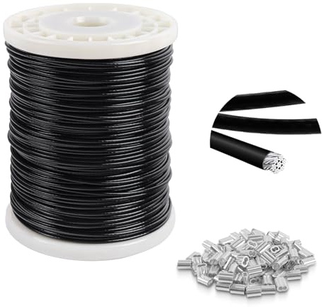 4mm steel wire, plastic coated steel cable 100m, 7x7 Strand Core Multi-Purpose Metal Cable for Gardens, Hanging, Outdoor Use, 550kg Breaking Strength with 100 Aluminum Loops
