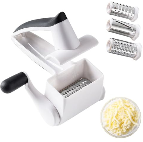 Parmesanreibe, Käsereibe Mit Kurbel Aus Edelstahl, 3-in-1 Parmesanmühle mit 3 Edelstahltrommel, Spülmaschinenfeste Trommelreibe mit Edelstahlklinge, für Hartkäse, Schokolade, Nüssen