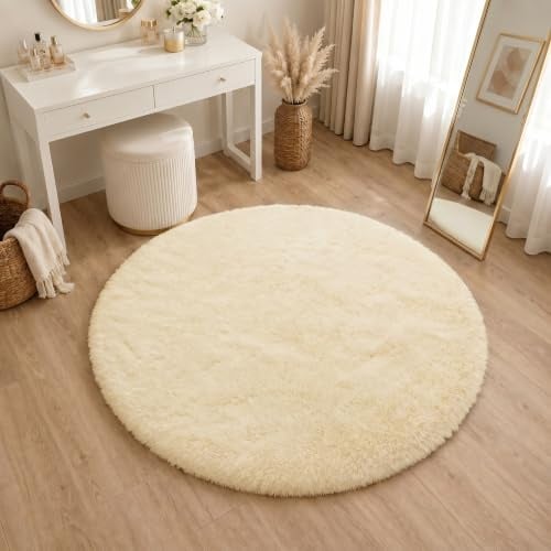 BEIMO Hochflor Teppich Flauschig Creme Teppich Wohnzimmer Rund 120CM Teppiche Schlafzimmer Anti-Rutsch Bettvorleger Teppiche Weich rutschfest für Kinderzimmer