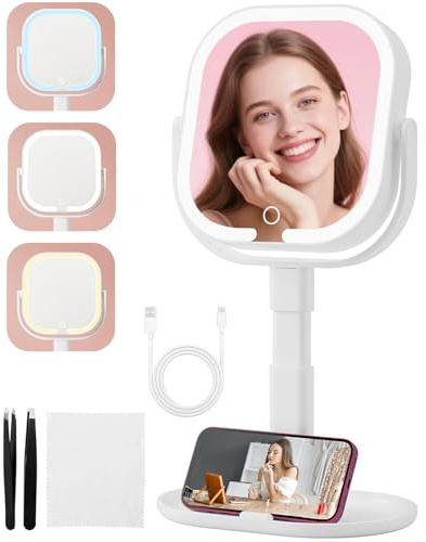 TAVADA Espejo Maquillaje con Luz,10x/1x Aumento Doble Cara Recargable 2000mah USB Type-C,Base Soporte para Móvil Portátil,360 Giratorio 3 Colores Brillo Regulable,Adecuado para Dormitorios y Viajes