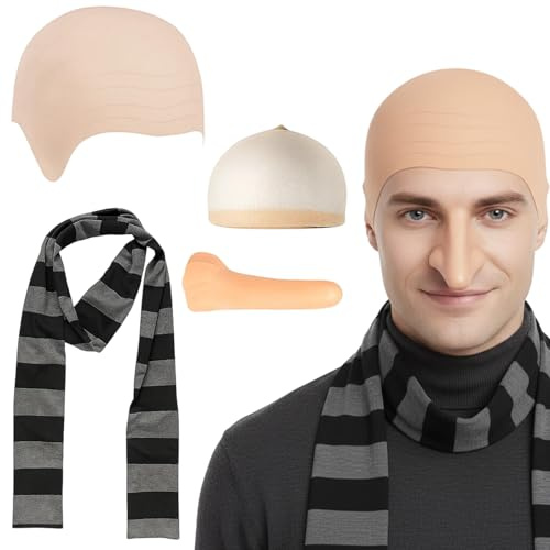 YceLon 4 Stück Karneval kostüm Herren,Perücken-Set für Erwachsene,Glatze Perücke,Glatzenkappe mit Nase und Schal,Herren Karneval Fasching Mottoparty Cosplay