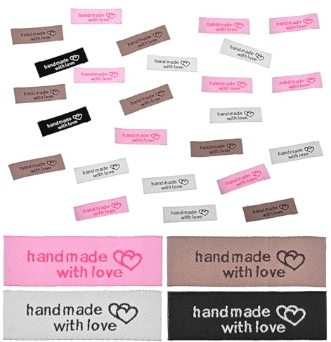 80 Stück Label Handmade, Made with Love Label mit Löchern, Mikrofaser DIY Labels für Hüte & Kleidung, Herzdesign (Mit Liebe Hergestellt)