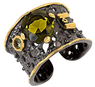 Ravishing Impressions Facettierter Moldavit, runder Ring, Krappenfassung, grüner Edelstein, 10 mm, 3 mm, 9,6 g, handgefertigter Statement-Schmuck für Damen und Herren, J1/2,49(15.6), Edelstein