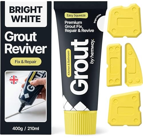 Hemway Bright White Grout Reviver Kit 400g with 4 Piece Profiling Tool Kit | Ready Mixed Grout Repair 400g / 210ml, Wall & Floor Tile Adhesive, Kitchen Bathroom Shower, Anti-Mould, Fast Drying