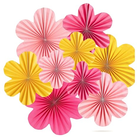 Fesnova 9 Stück Papier Fächer Deko, Gelb Rosa Papierfächer Deko, Papierblumen zum Aufhängen, Papierblumen, für Geburtstagsdeko Blumen, Gartenparty Tischdeko, Baby Shower, Hochzeit