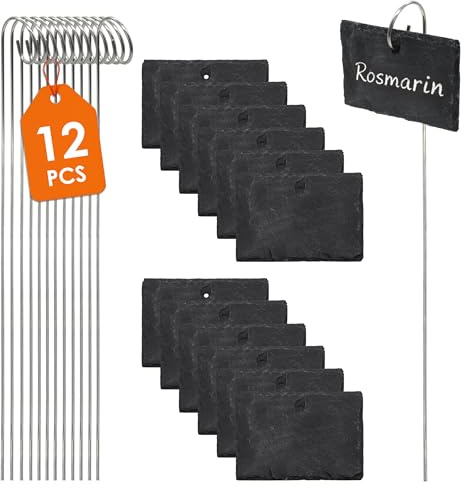 Schieferplatte Pflanzenschild 10x7 cm mit Erdspieß - 12er Set - Schiefer Pflanzenstecker mit Metallspieß witterungsbeständig - Garten Stecker Blumen Beet Beschriftung Kräuter Schild