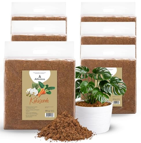 Allkokos 6x650g hochwertige Kokos-Erde für Pflanzen & Blumen | Block quillt direkt in der Verpackung auf ca. 10l Blumenerde auf, torffreies Kokos-Substrat für Kräuter, Gemüse & Blumen