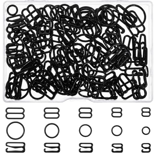 Xelsluthe 120 Stück BH-Trägerclips BH-Haken für Träger BH-Trägerhalter gegen Verrutschen 3 Stile Nähhaken BH-Ringe und Schieber Dessous-Zubehör für BH-Träger, 8mm 10mm 12mm 15mm 20mm (Schwarz)
