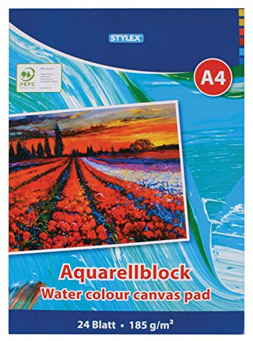 Stylex 28690 Aquarellblock DIN A4, 24 Blatt 185 g/m², mit Kopfleimung, ideal für Amateur-und professionelle Künstler gleichermaßen, Papier, weiß