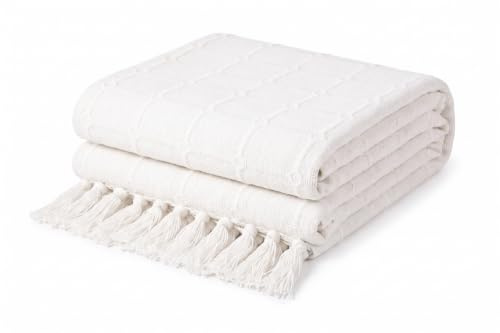 EHC Throws for Sofas, Settee Throws, Throw blanket Covers Up to 3 Seater Sofa, Double/King Size Bed Blanket Reversible throw, 228 x 254 cm, Ivory