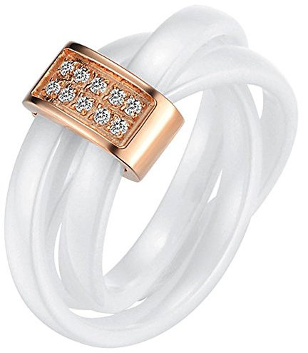 JewelryWe Schmuck 3mm Breite Weiss Keramik Damen-Ring mit Rose Gold Edelstahl Trizyklische Verlobungsring Hochzeit Band Größe 59