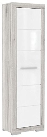FORTE ATTRUS Schrank 60, Kleiderschrank klein, Flurschrank schmal, Garderobenschrank Skandinavisch, Weiß Hochglanz mit Holzdekor: Sandeiche, 58 cm breit x 198.5 cm x hoch x 36 cm tief