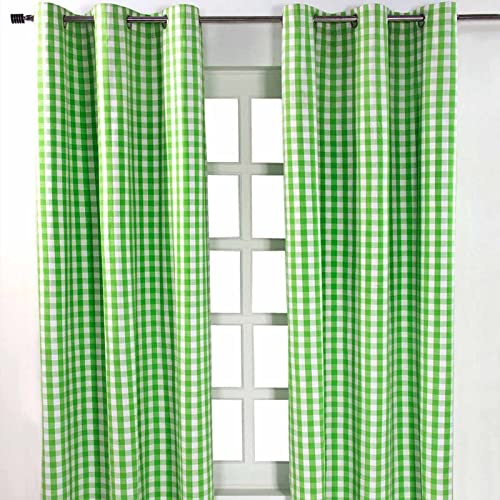 Homescapes 100% Cotton Green Gingham Eyelet Curtains - 137 cm Wide x 228 cm Drop (54” x 90”) Block Check Pattern Country Style Curtains for Kitchen, Bedroom or Living Room