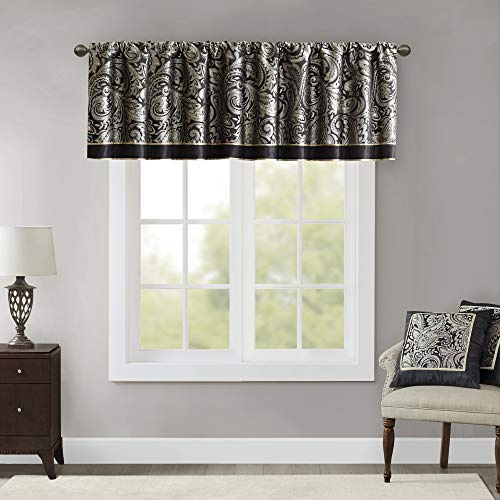 Madison Park Faux Silk Paisley Jacquard Valance, 1 Panel, 50x18 Black